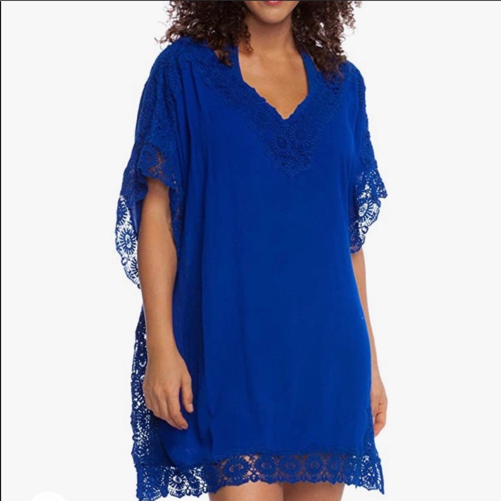 NWOT- LA Blanca Blue V-Neck Crochet Trim Cover-Up Size M - Picture 1 of 7